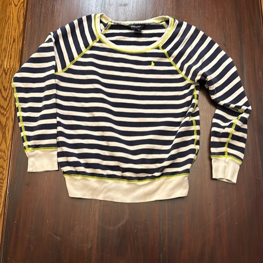 Ralph Lauren blue white striped neon green stitching girls sweatshirt size XL